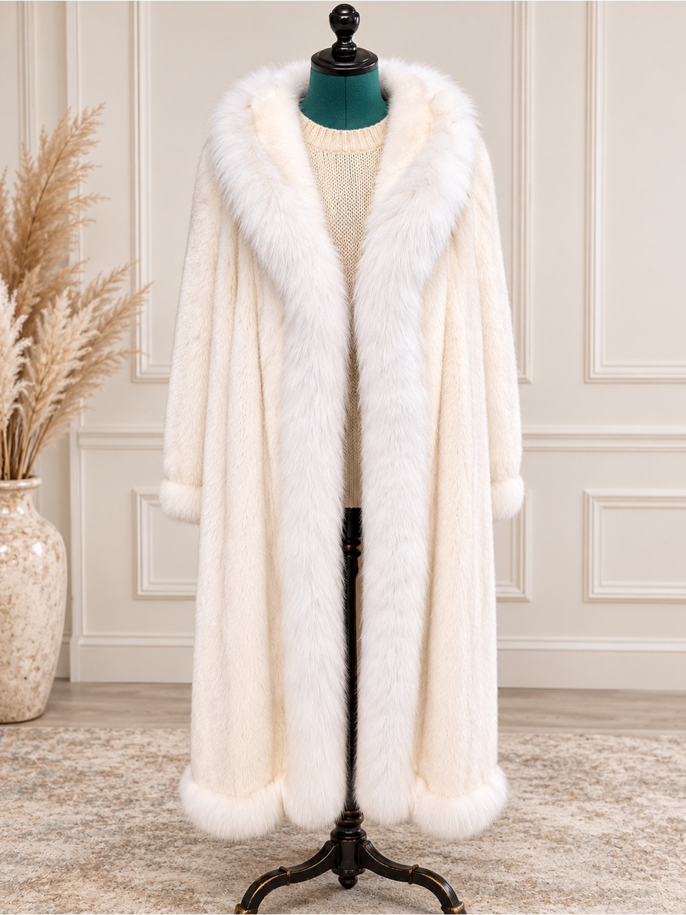Jasmine White Mink Full Length Coat w/ Natural Arctic Fox Trim Medium